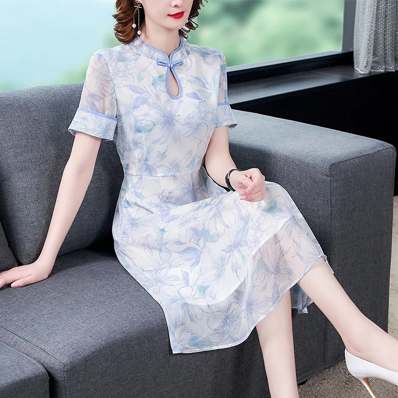 Cheongsam модифицированное шифоновое платье для женщин 2020 Новое китайское летнее