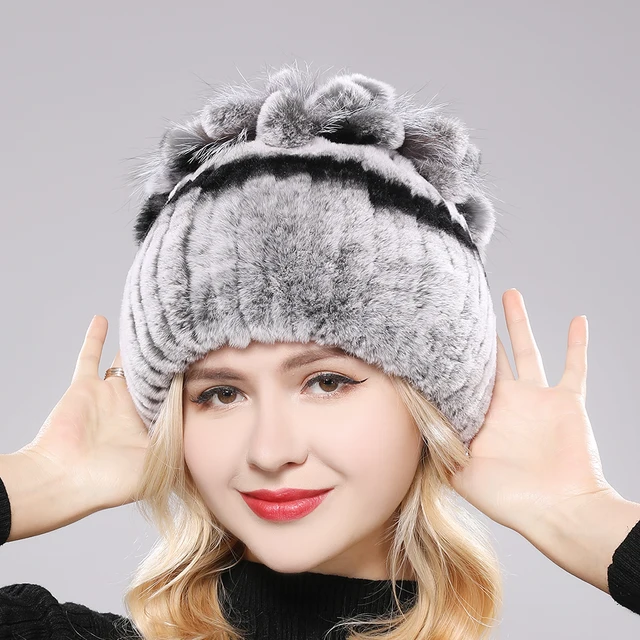 2021 Russia Hot Sale Winter Real Fur Beanies Hat Women 100% Genuine Real Rex Rabbit Hat Good Elastic Knitted Rex Rabbit Fur Caps 4