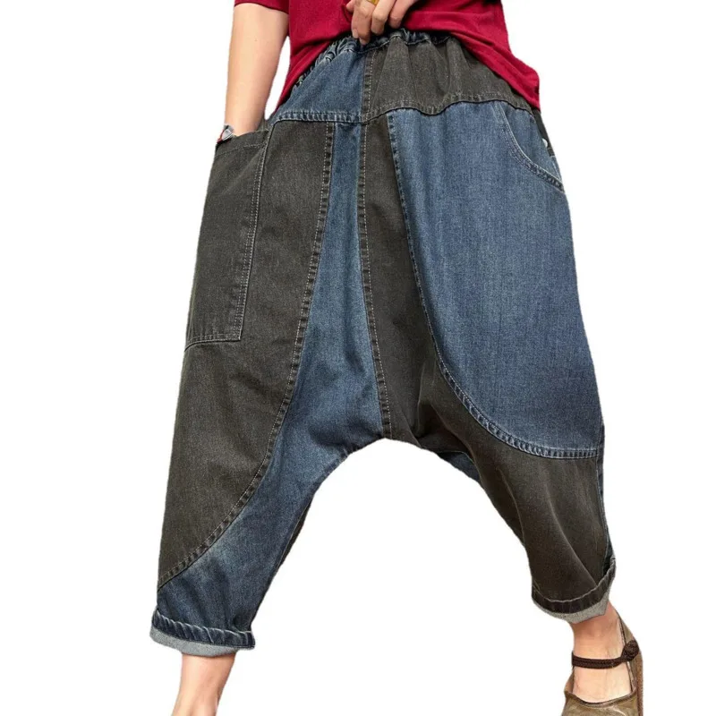 Denim Cross-Pants Women Spring High Street Style  Patchwork Pockets Drop Crotch Harem jeans Hip Hop Streetwear Bloomers Joggers women shorts jeans high waist casual zipper fly pockets jeans high street wear denim shorts fashion denim pants hole summer