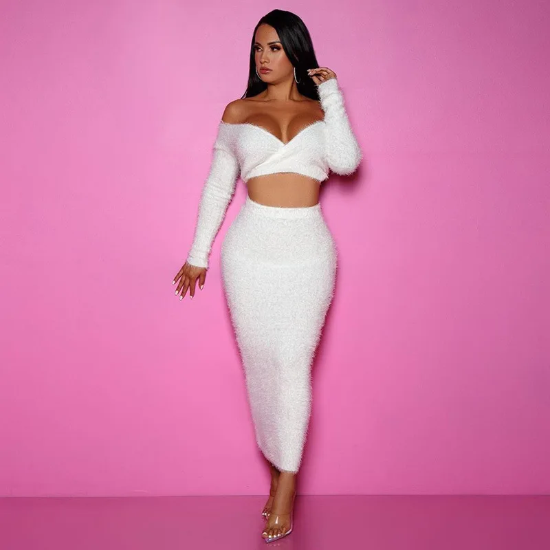 2019 Autumn New Fashion Sexy Women Pink White Smooth Feathers Slash Neck Top And Buttock Skirts High Street Wear Sets | Женская одежда