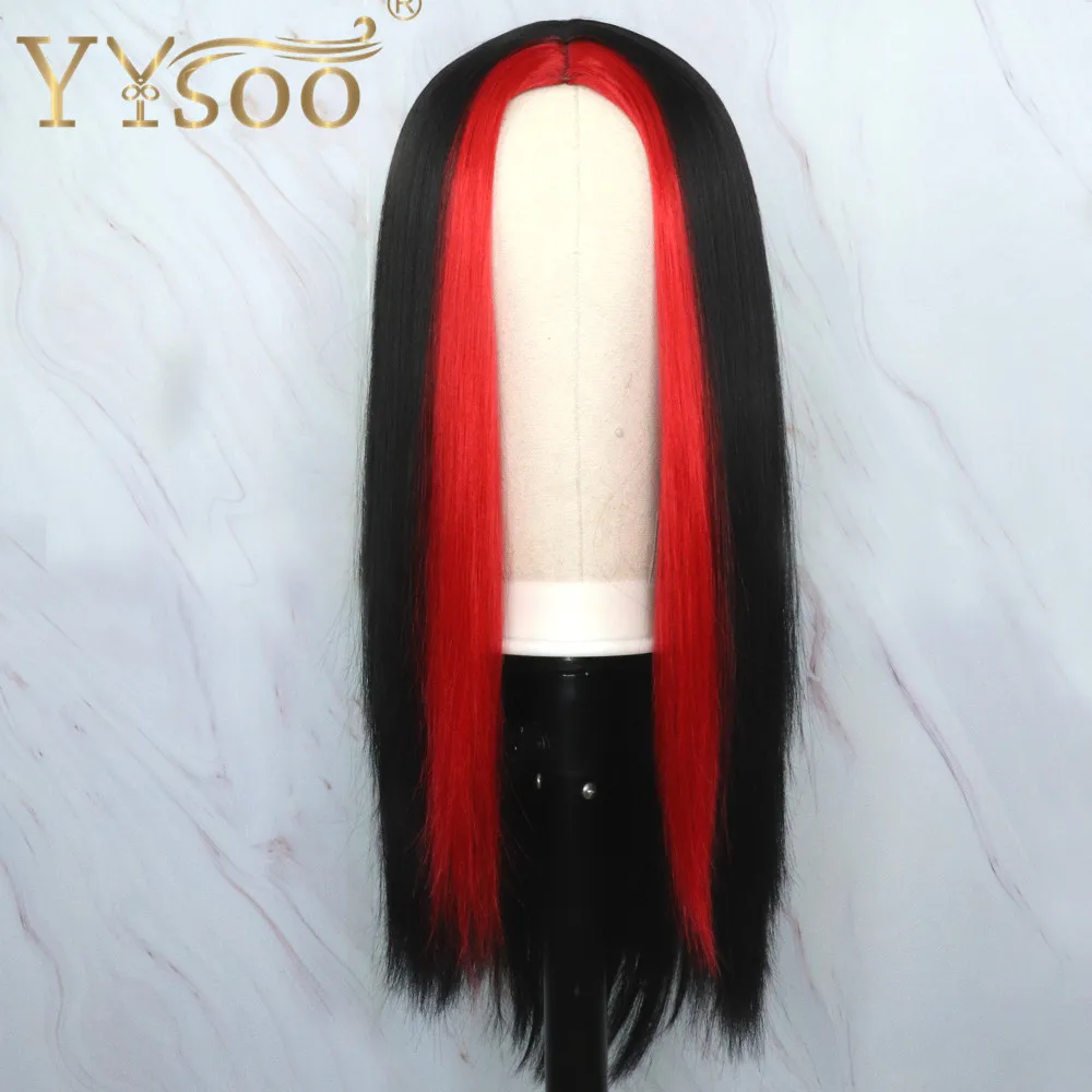 YYsoo Long Black Highlights Red Color Natural Straight Synthetic Wigs Cosplay Wigs for Women Girls Machine Made Replacement Wig