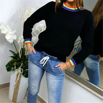 

2019 Autumn Women Sweatshirts Rainbow Striped Casual Pullover Black White Jumpers Lady Long Sleeve O-Neck Fleece Sweatshirt Tops