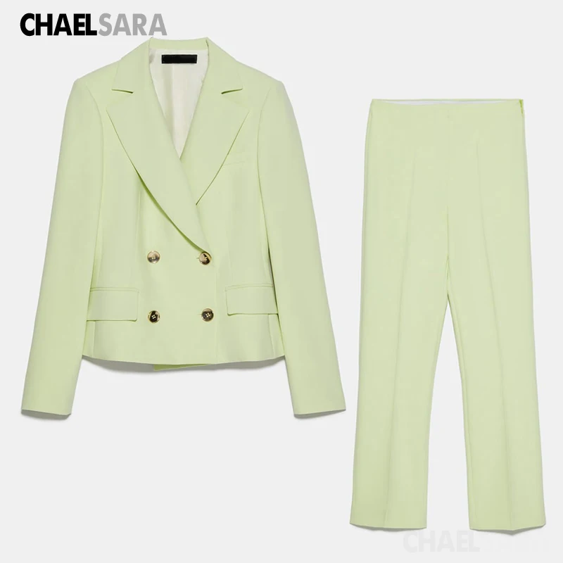 

Spring Autumn Fashion Vintage 2 Piece Set Women Chic Double Breasted Blazer Jacket Coat+Elastic Pants Suit Female