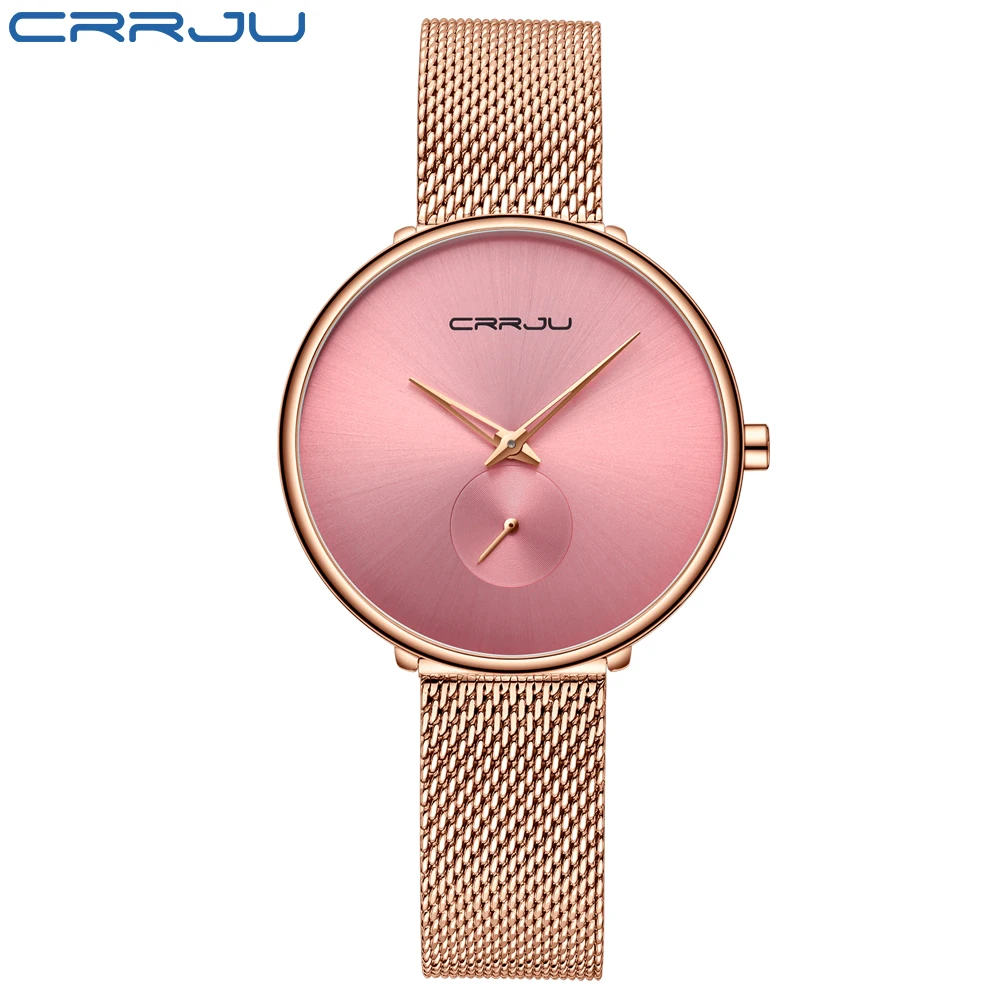 Rose gold pink CRRJU красивый дизайн часы для женщин Мода повседневное сталь сетки наручные часы женские кварцевые часы - Цвет: Rose gold pink