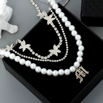 

Flatfoosie Shiny Gold Silver Color Butterfly Crystal Choker Necklace For Women Multilayer Pearls Letter Pendant Necklace Jewelry