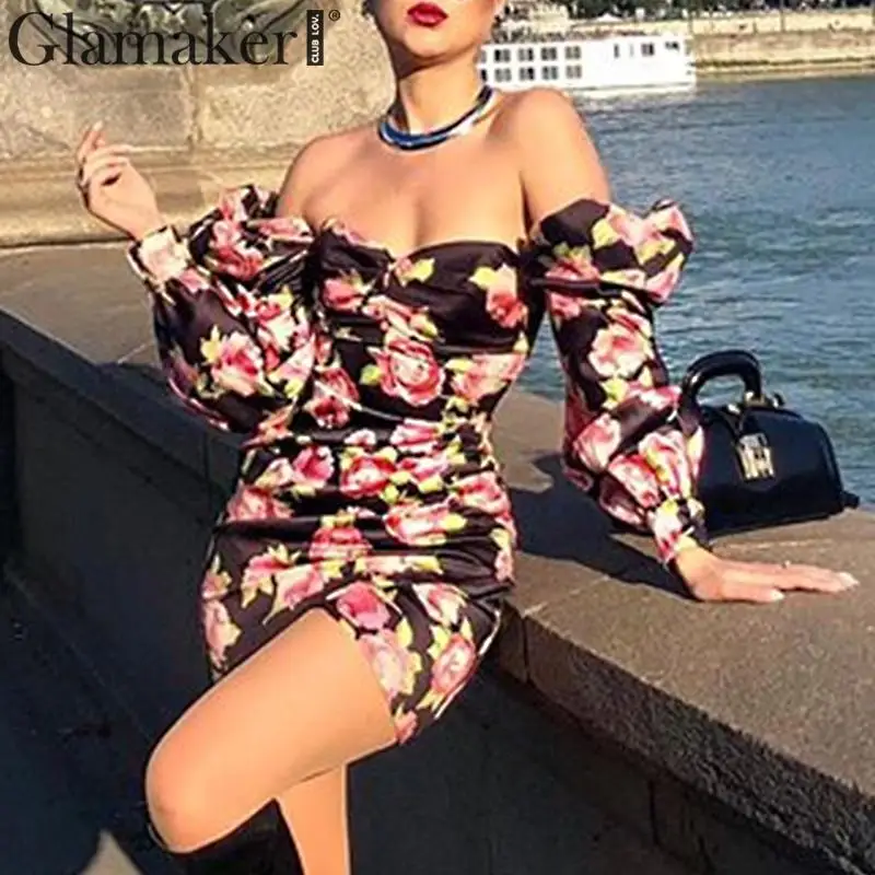 Glamaker, Осеннее, длинное, пышное, рукав, цветочный принт, мини платье, зимнее, сексуальное, облегающее, элегантное, для вечеринки, женское, тонкое, Клубное, винтажное платье