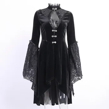 

2020 Vintage Black Women Velet Dress Gothic Placed Elegant Hollow Out Dress Lace Patchwork Sexy Mini Female Party Dress