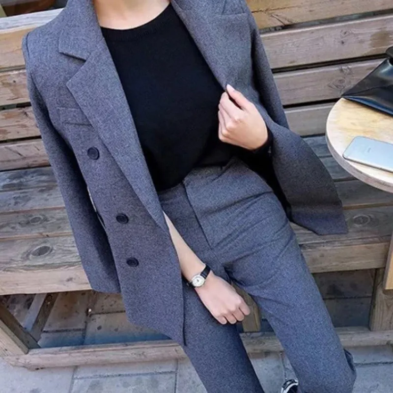 

Fashion Work Pant Suits Ol 2 Piece Sets Double Breasted Blazer Jacket Oversized Trousers Suit