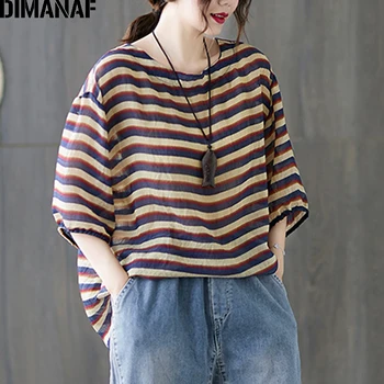 

DIMANAF Plus Size T-Shirts Women Clothing Summer Basic Lady Tunic Tops Tee Shirt Vintage Cotton Linen Loose Print Striped tshirt