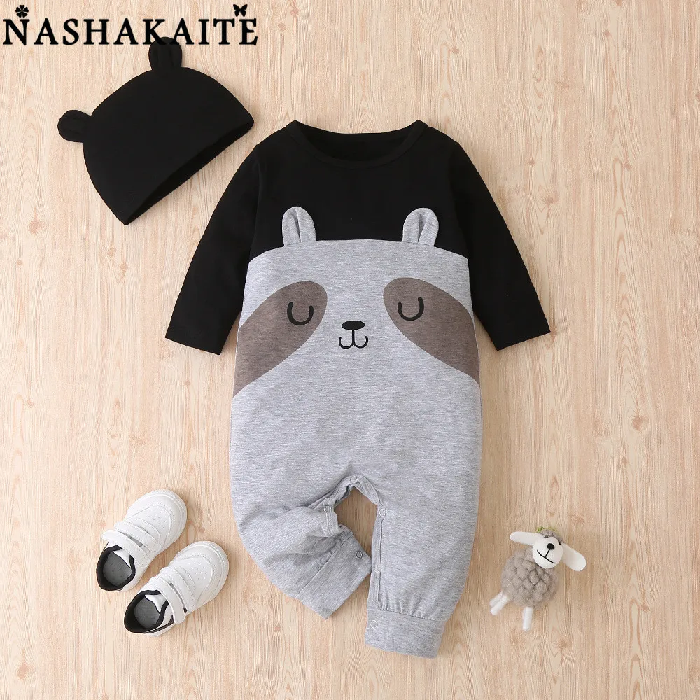 

NASHAKAITE Newborn Baby Boys Rompers Panda Cartoon Print Baby Clothes Winter Long Sleeve Baby Jumpsuit Pajamas Children Overalls