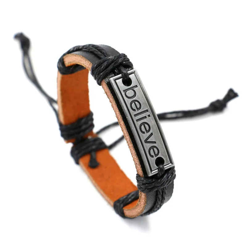 Vintage Letter Believe Leather Adjustable Bracelet Woven Bracelet for Men and Women Fashion Simple Gift Jewellery Wholesale