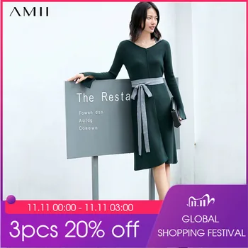 

AMII Minimalism Women Autumn Knitted Dress Causal Vneck Solid Full Sleeve Belt Knee-length Female Dress 11870193