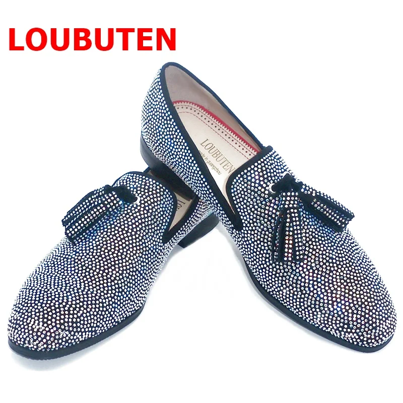 Loafers Luxury Sparkling Dress-Shoes Slip On Suede LOUBUTEN And Crystal Rhinestone Handmade