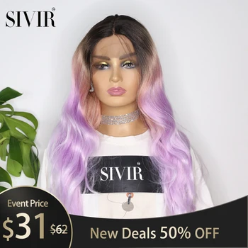 

Sivir Purple Pink Color Lace Front Wig For Black Women Long Natural Wave Synthetic Lace Wig With Natural Hairline Middle Part