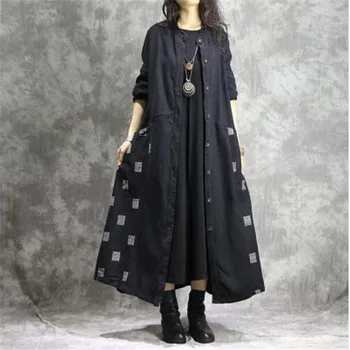 

Women Cotton Linen Trench Vintage Autumn Coats Patchwork Button 2019 New Fall Casual Women Clothing Black Trench Coats