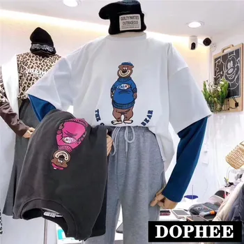 

New Fashion Long Sleeve Fake Two Piece T-shirts Printed Cartoon Bear Loose Undershirt Women Students Casual Pullover Tees