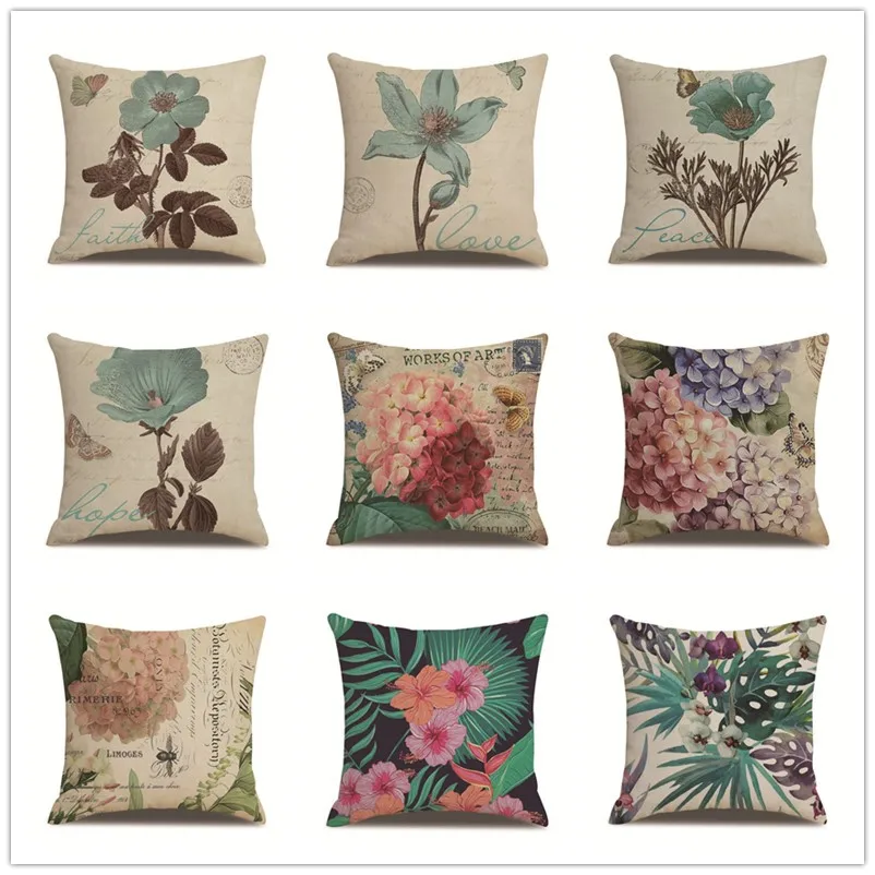 cheap Retro Flowers Cushion Cover Linen Vintage Pillowcase for Sofa Couch Decorative Pillows 45*45 Living Room Home Decor Accessories