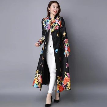

Cardigan Long Coat Chinese National Style Trench Outerwear Women Autumn Winter Vintage Print Slim Embroidery Plus Size