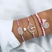 5 шт./компл. в богемном стиле ананас в форме сердца браслеты с деревом и кольцеобразные браслеты для Для женщин модные перфорированные открытые туфли; браслеты с кисточкой Женская Bijoux(украшения своими руками