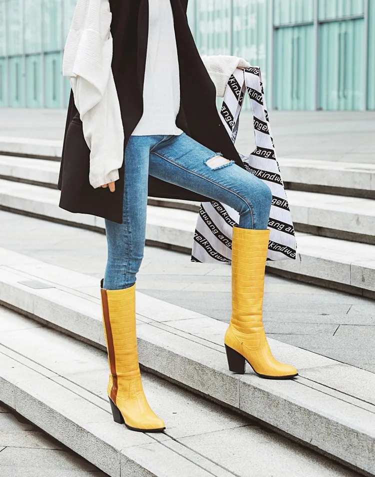 

White Beige Black Yellow Faux Leather Cowboy Ankle Boots for Women Wedge High Heel Boots Snake Print Western Cowgirl Boots