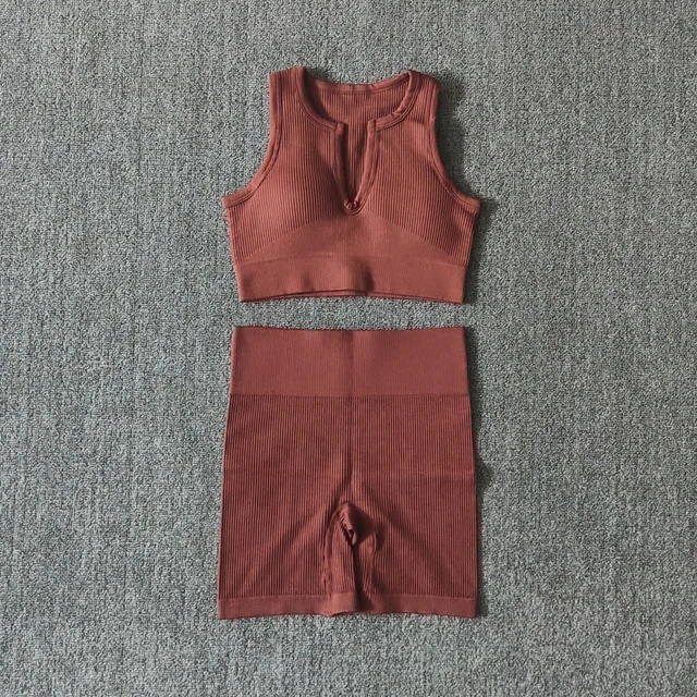 2/4/6PCS Seamless Women Yoga Set Workout Sportswear Fitness Bra Sport Pants Gym Clothing High Waist Leggings Shorts Sports Suits VestShortsBrown