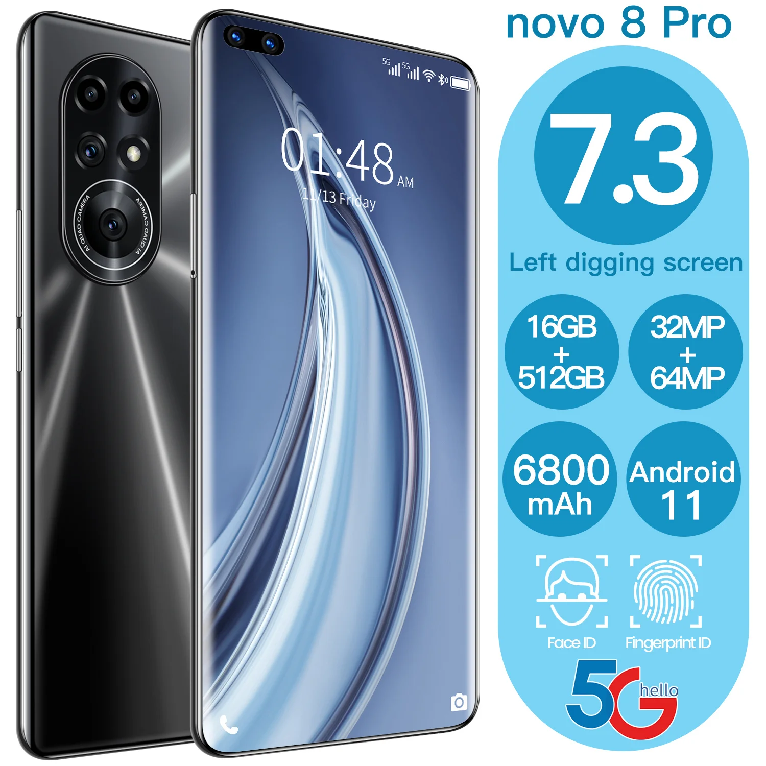 Teléfono Inteligente Novo 8 Pro, 5G, 16GB, 512GB, 7,3 pulgadas, Android 11, 6800mAh, cámara de 32MP + 64MP, Pantalla Completa, identificación facial, desbloqueo de huella dactilar