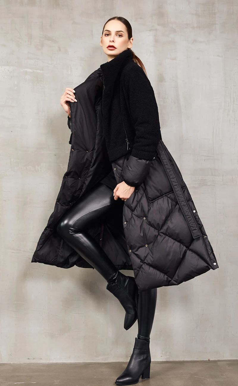 Зимняя мода Eva freedom, большой размер, теплый пуховик для женщин, выше колена, удлиненный, подиумный, овечий мех, стеганый пуховик, F354