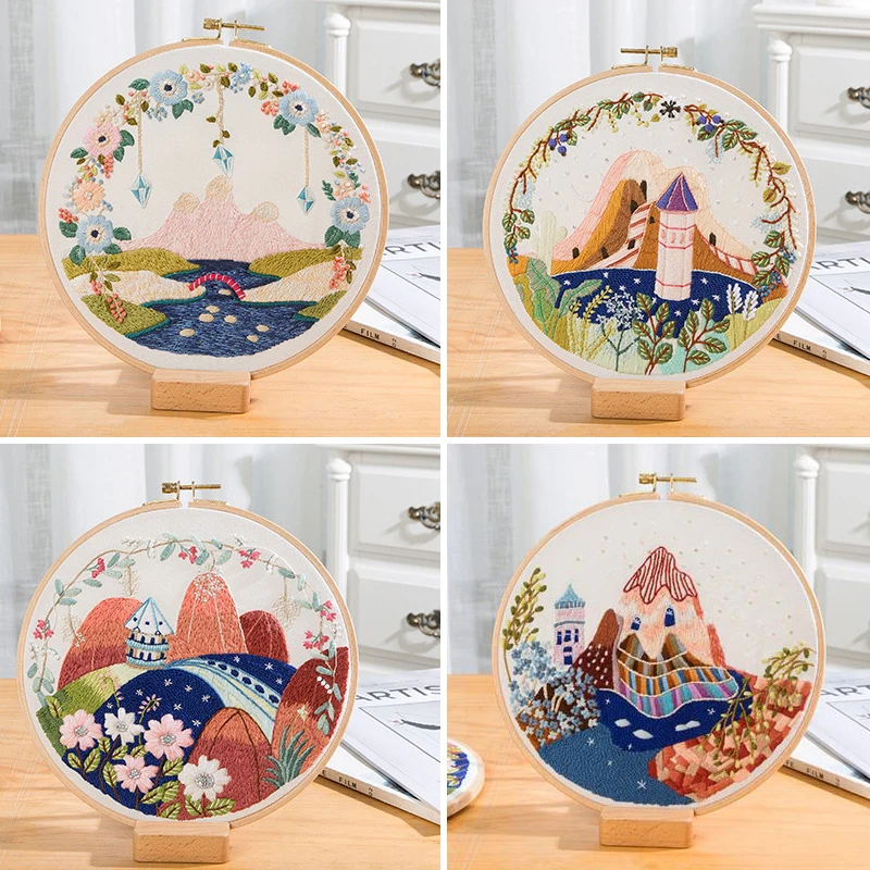 

DIY Landscape Flower Embroidery Kit with Hoop Needlework Scenery Cross Stitch Handcraft Gift Art Home Decor