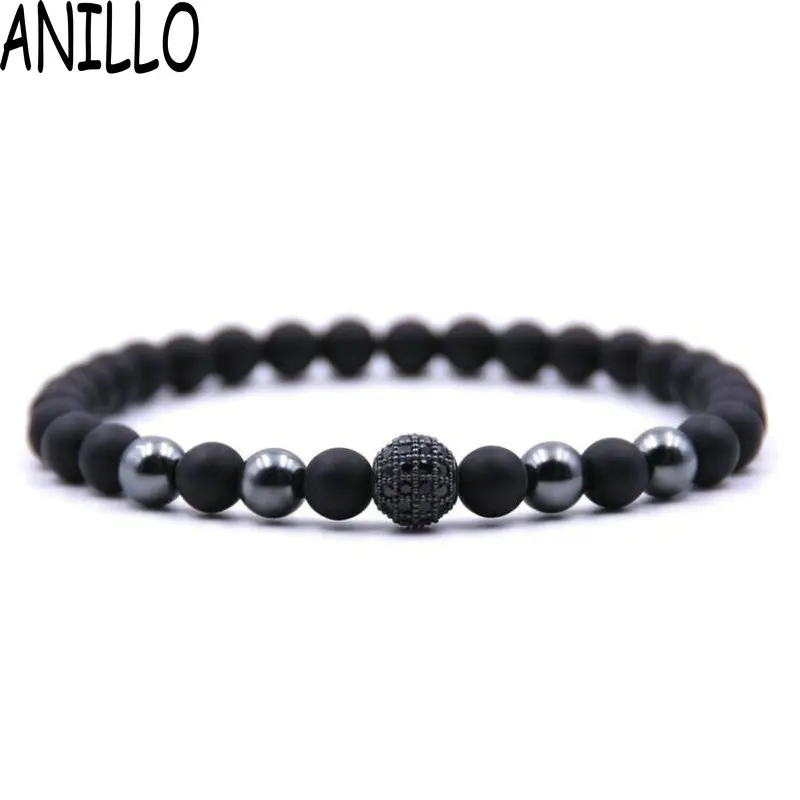Бренд ANILLO Модный черный CZ шар мужской браслет натуральный матовый камень бусы