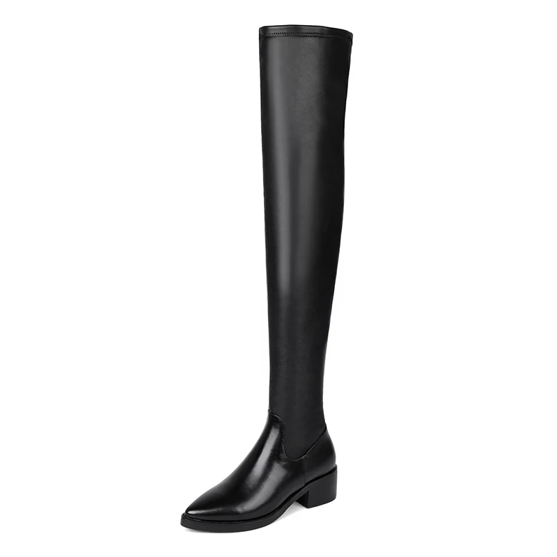 TXCNMB Leather Square Heels Over The Knee Boots Women Dress Wedding Shoes Woman Round Toe Autumn Boots Large Size 43