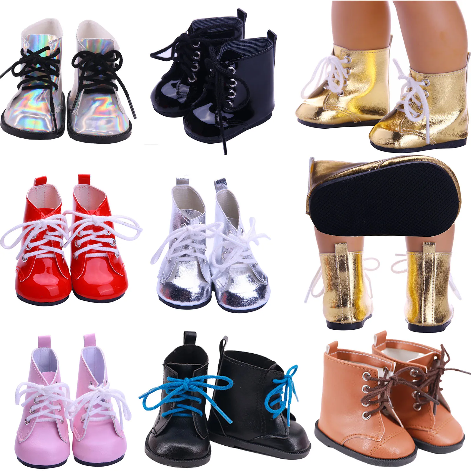 7Cm Doll Shoes Lace-Up Leather High Glossy Boots And Socks For 43Cm Reborn Baby&18 Inch American Doll Girls Our Generation Toys