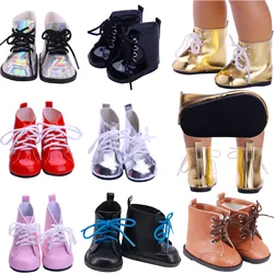 Chaussures de poupée à lacets en cuir de 7Cm, bottes et chaussettes très brillantes pour bébé de 43Cm et 18 pouces, jouets de notre génération 