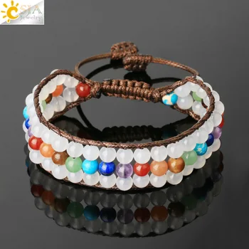 

CSJA Women Wrap Bracelets Natural Stone Healing 7 Chakra White Onyx Wide Bangles Handmade Weave Rope Bracelet Boho Jewelry G439