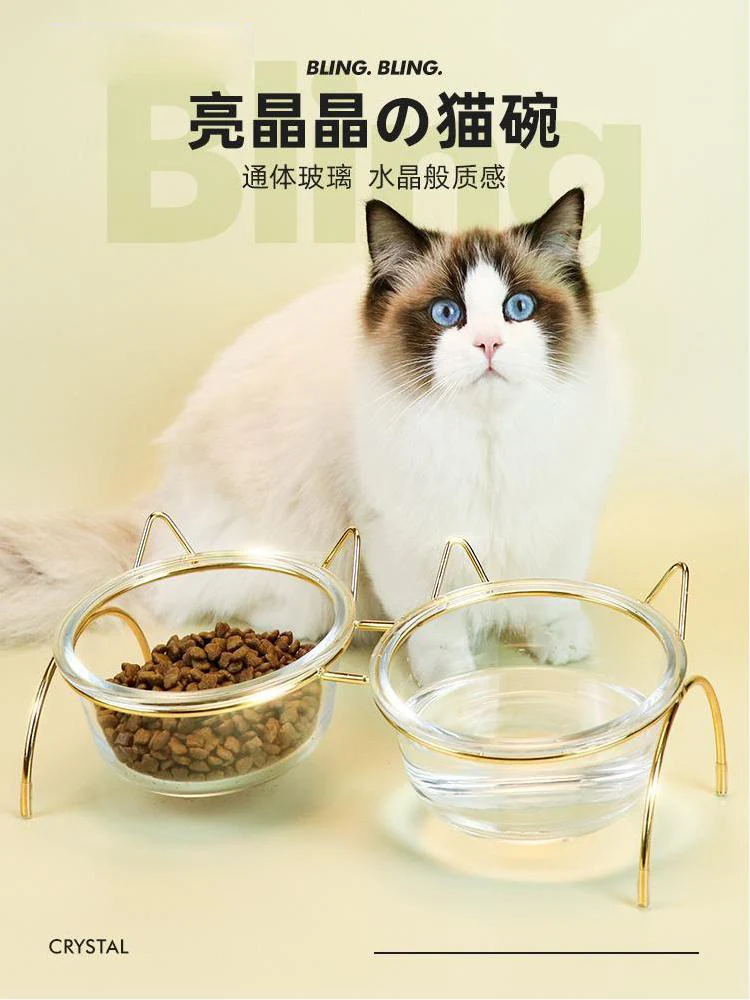 New Non-Slip Glass Double Cat Dog Pet Bowl With Iron Stand Pet Feeding Watering Bowl For Cats Dogs Feeder Pet Products Supplies