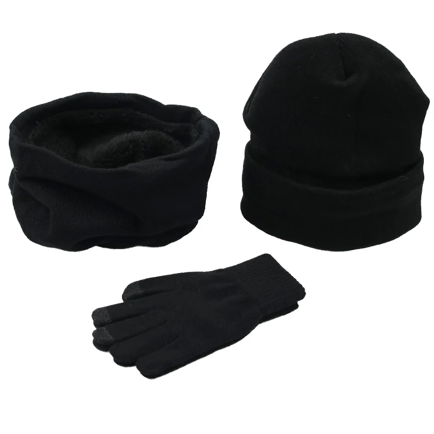 Мужские зимние шапки, шарфы, перчатки, набор, модный вязаный плюс бархатная шапка, шарф, набор, Мужской 3 шт./компл., шапочки, шарф-перчатка - Цвет: Black
