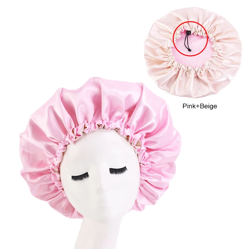 New Reversible Satin Bonnet double layer adjustable size Sleep Night Cap Head Cover Bonnet Hat for For Curly Springy Hair Black ladies head wraps Hair Accessories