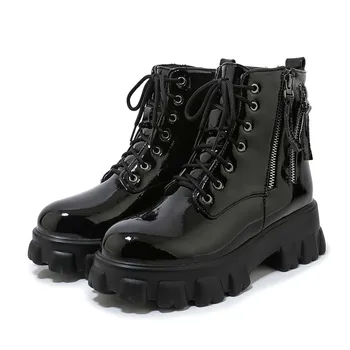 

double Fashion zipper style PU leather short boots for women Flat boots thick sole black Fall winter casual boots 2020