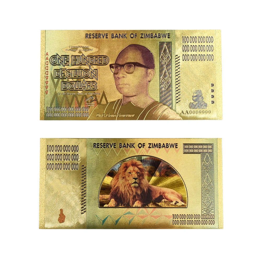 Zimbabwe Gold Banknotes 100 Decillion Dollars 24k Gold Plated Fake Money Bills Note with Wooden Box for Christmas Gifts