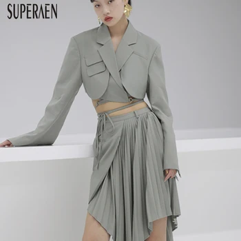 

SuperAen Europe Short Suit Jackets Women Split Wild Solid Color Ladies Jackets Spring New 2020 Cotton Women Clothing