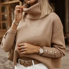 Plus Size Womens Sweaters 2021 Fashion Women's Turtleneck Pullovers Button Long Sleeve Loose Knitted Sweater Tops for Women