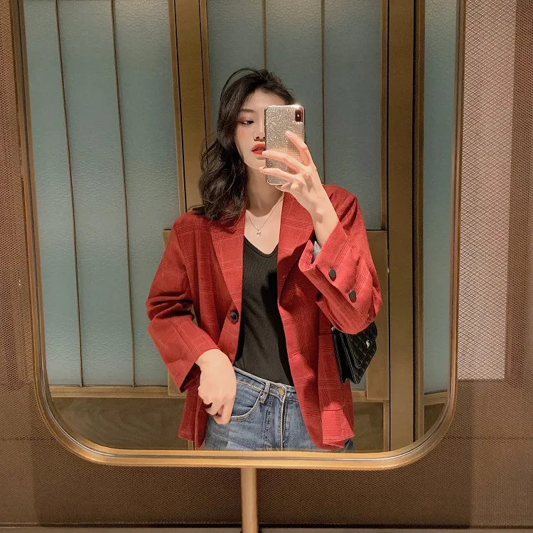 Early Autumn New Style Loose-Fit Versatile Pattern Elegant Red Suit Jacket Women's Short Casual Suit Tops