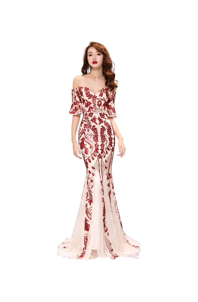 Burgundy Вечернее платье с открытыми плечами и коротким рукавом Robe De Soiree милое женское вечернее платье с пайетками вечерние платья F116 - Цвет: Burgundy