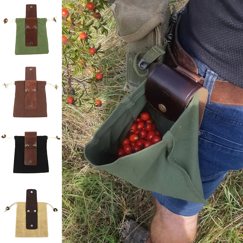 1pc Portable Outdoor Foraging Bag Fruit Picking Pouch Collapsible Berry Puch Storage Leather Bushcraft Canvas Bag Hiking Camping Foraging Bag