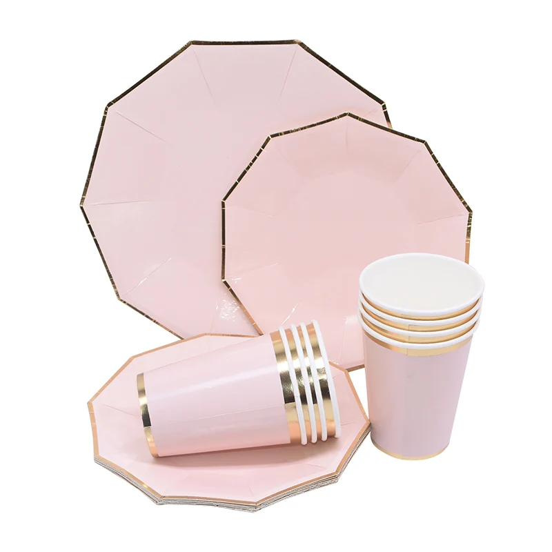 24pcs/set Green Pink Blue Paper Plates Cups Disposable Tableware Set for Wedding Birthday Party Baby Shower Supplies Gold Decor