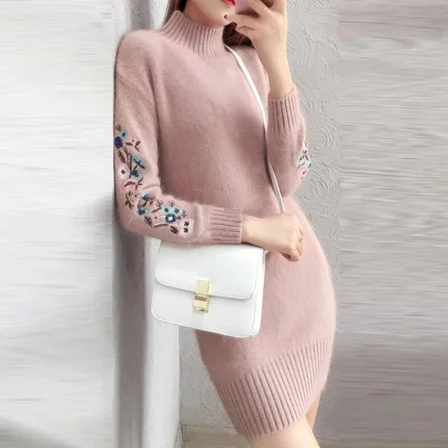 Новые осенние и зимние модные платья скидки платье имитация свитера платье с длинным рукавом теплое платье Faldas Mujer Moda - Цвет: Pink