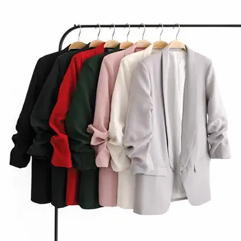 

Office Lady Chic Solid Color Lapel Collar Pleated Sleeve Pocket Cardigan Blazer