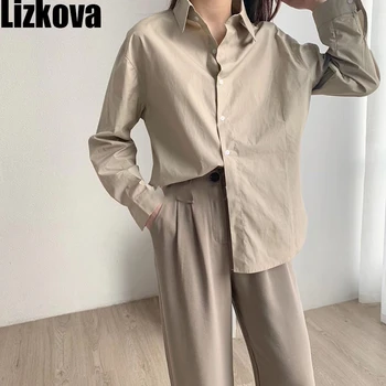

2020 Khaki Blouse Women Cotton Japanese Shirt Official Lady Formal Tops Long Sleeve Concise Style KT8210