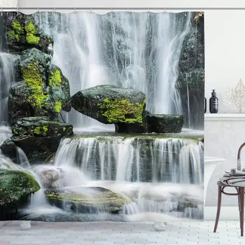 

Majestic Waterfall Blocked with Massive Rocks with Moss on Them Photo Cloth Fabric Bathroom Decor