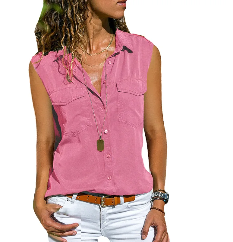 Europe And America Summer New Style Women's Shirt Fold-down Collar Sleeveless Shirt Women's Dress