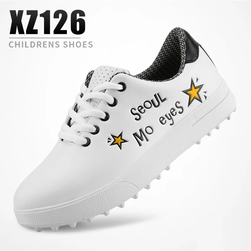 Pgm детская модная маленькая белая обувь для гольфа для мальчиков и девочек легкая водонепроницаемая обувь для гольфа Нескользящие мягкие кроссовки для гольфа D0757 - Цвет: Цвет: желтый
